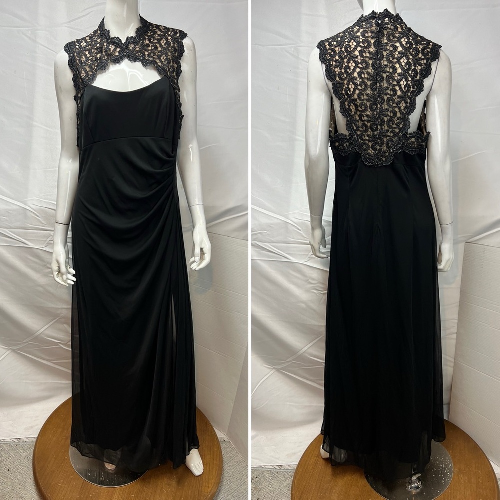 Alex Evenings Women's 16 Black Sleeveless Lace Draped Slit Long Gown Maxi Dress - Picture 6 of 6